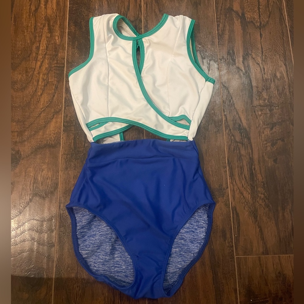 Girls Two-Tone White and Blue Tank Swimsuit with Teal Trim - Brand Unspecified